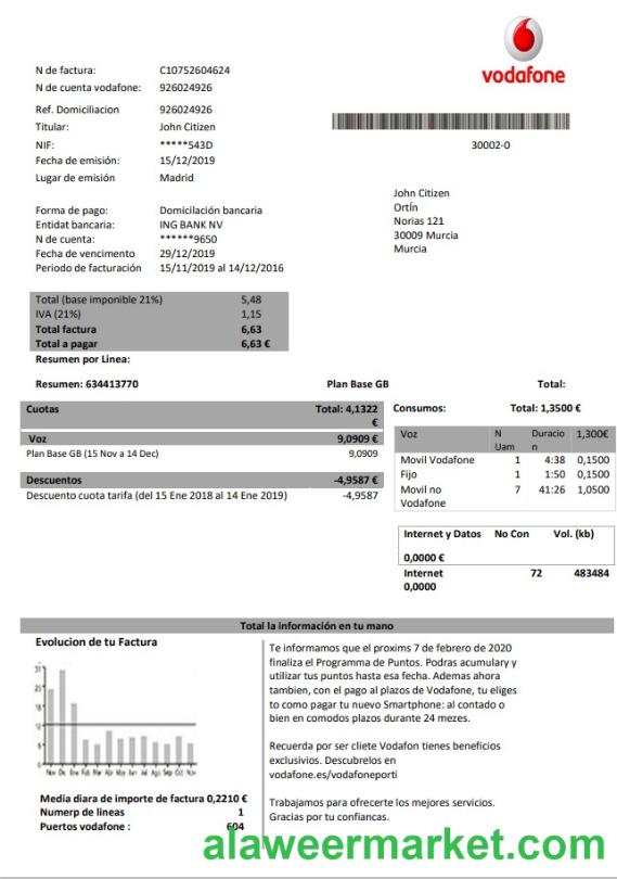 Spain Vodafone telecommunications utility bill template in Word and PDF format